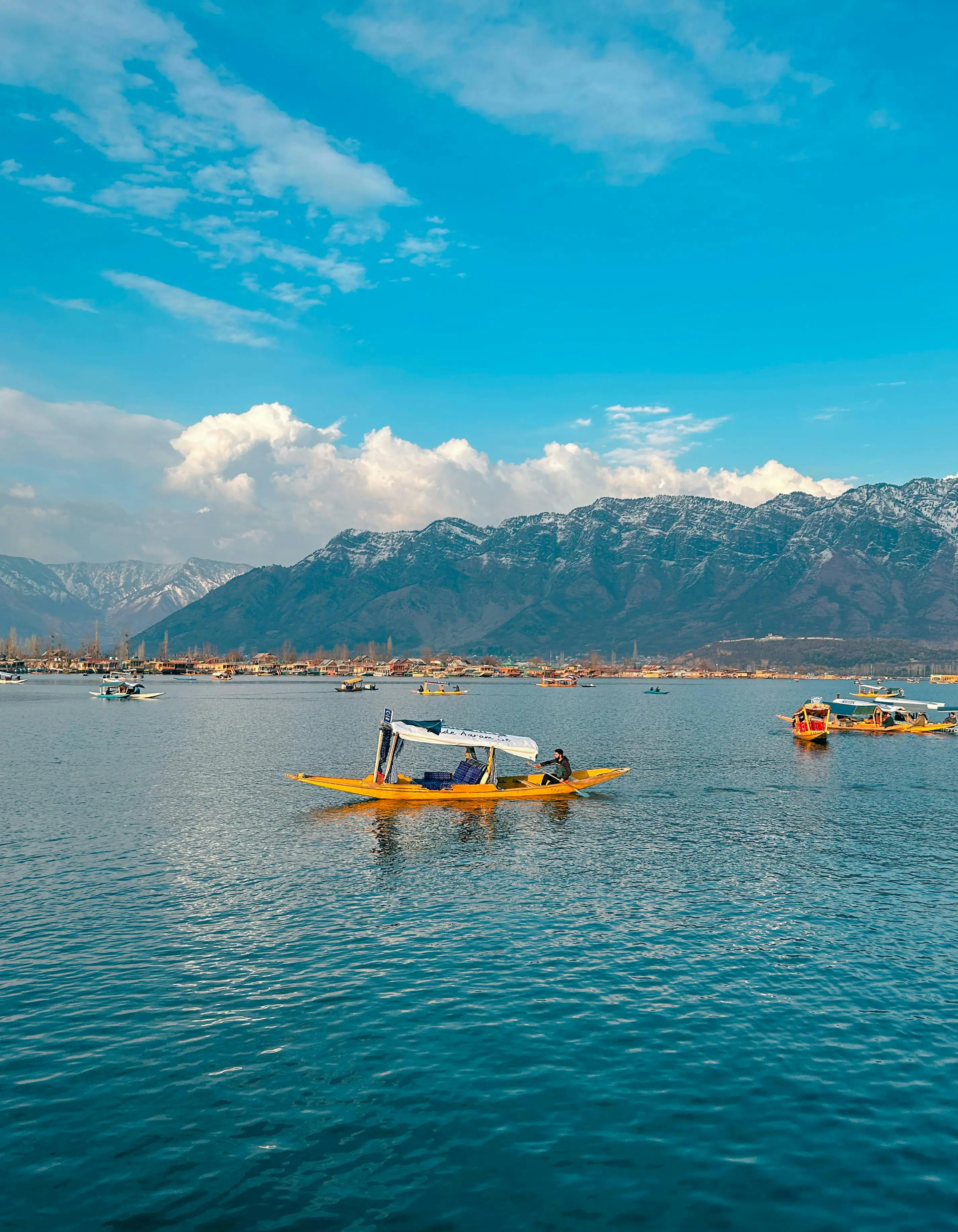 Colourful shikara boats floating on Dal Lake in Kashmir with mountains and lake views.